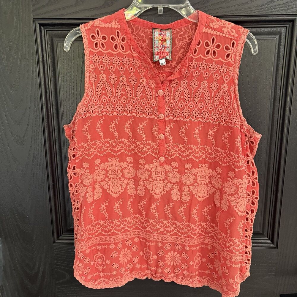 Johnny Was Boho Embroidered Eyelet Coral Sleeveless Blouse Size L Red Orange